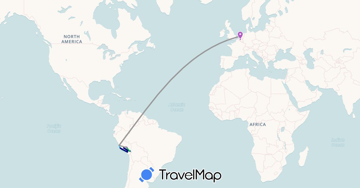 TravelMap itinerary: driving, bus, plane, train, hiking, boat in Belgium, Netherlands, Peru (Europe, South America)